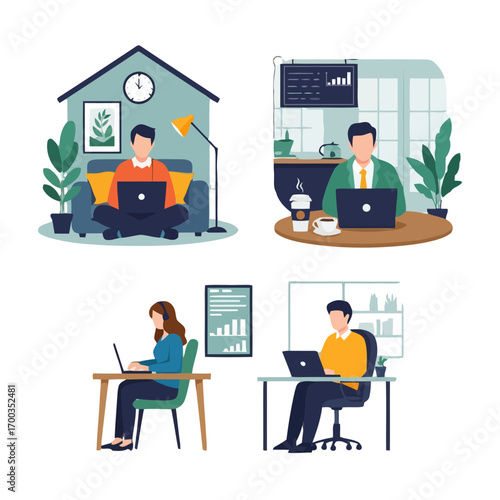 Vector art of four people working on laptop from home man on sofa, person at kitchen table, and woman at desk