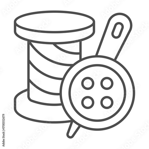 Spool of thread with button and needle thin line icon, sewing tools concept. Vector graphics. Needle with cap and reel sign on white background, outline style icon for mobile or web design.