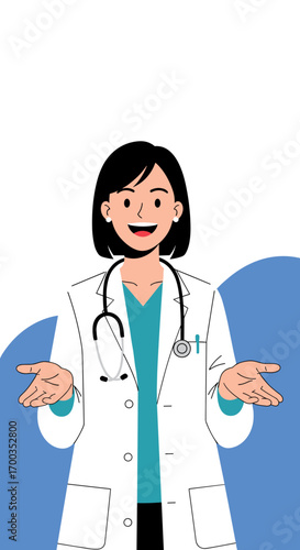 A friendly cartoon doctor gesturing with open hands offering help and advice to patients seeking medical care