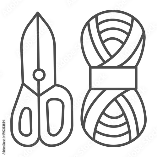 Scissors and skein of thread thin line icon, sewing tools concept. Vector graphics. Yarn with scissors, handicraft accessory sign on white background, outline style icon for mobile or web design.
