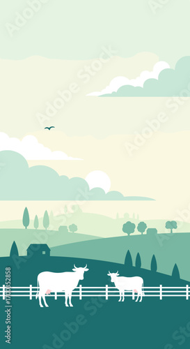 Pastoral countryside landscape with white cows grazing under a cloudy sky