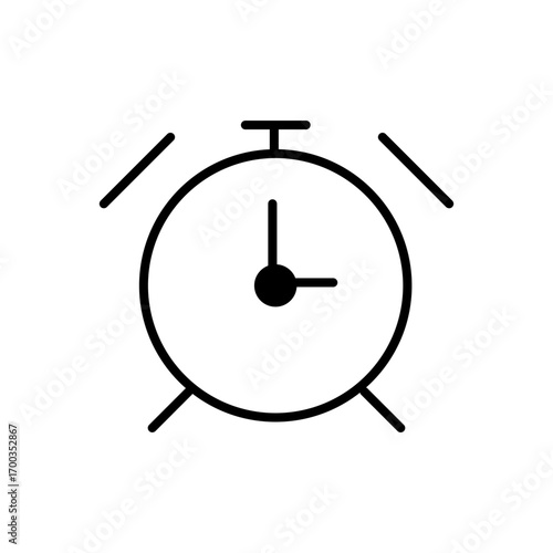Simple line drawing of an alarm clock with two bells, showing the time at twelve o'clock.