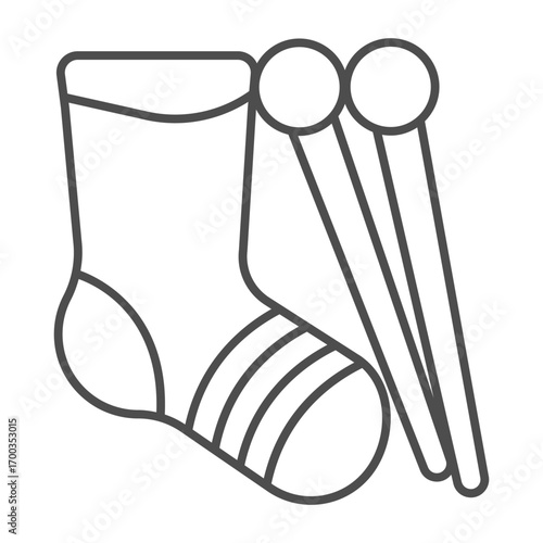 Socks with plastic pins thin line icon, knitting theme concept. Vector graphics. Knitting needles and socks pair, handicraft sign on white background, outline style icon for mobile or web design.