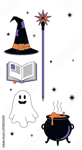 Magical halloween symbols featuring a witchs hat ghost wand spellbook and bubbling cauldron