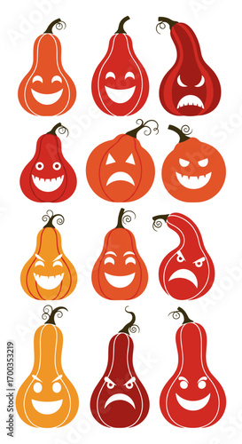Collection of festive autumn pumpkins expressing various spooky and happy halloween emotions