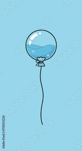 A clear transparent balloon filled with blue water floating high up against a simple light blue background