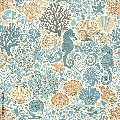 Seamless ocean pattern featuring seahorses, shells, coral, and marine life, seamless pattern, Stock royalty.