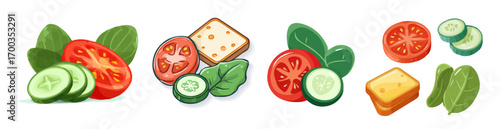 Set of flat vector icons featuring tropical vegetables: tomato slice, cucumber slices, spinach. Minimalist 2D illustration, clean modern design, isolated on white background, perfect for digital