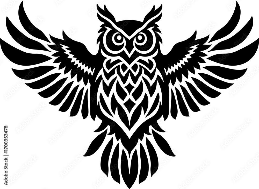 Obraz premium Tribal Owl Silhouette with Wings Spread Vector