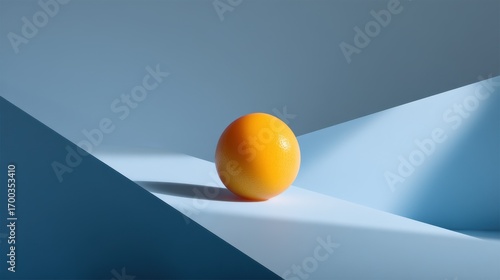 Abstract architectural scene with a single orange sphere on a blue geometric background creating hard shadows and minimalist forms