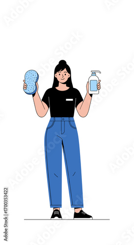 Woman holding cleaning sponge and liquid soap for hygiene and household chores