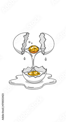 Creative illustration of a cracked egg with yolk dripping through the shell forming a unique artistic composition