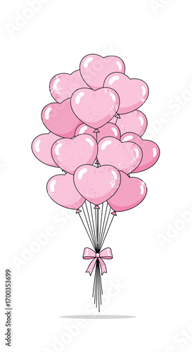 A generous bunch of pink heart shaped balloons tied together with a ribbon