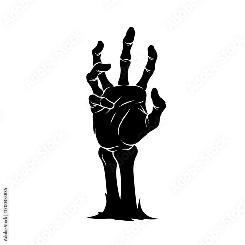 Creepy skeleton hand reaching up silhouette isolated on white background