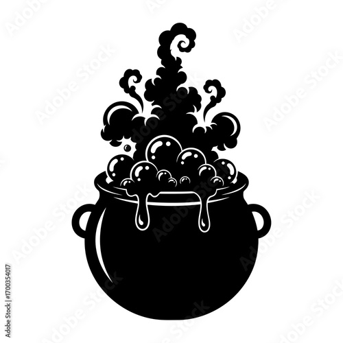 Bubbling witch cauldron silhouette isolated on white background