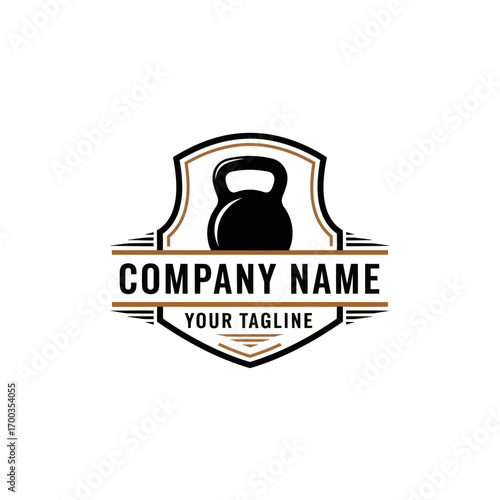 A vintage-style logo featuring a black kettlebell centered within a decorative shield emblem, with placeholder text for a company name and tagline.
