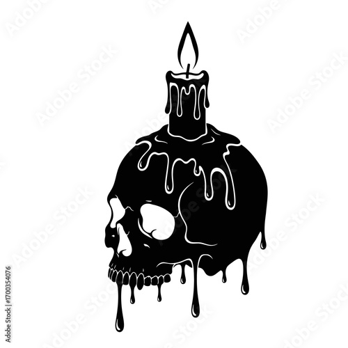 Melting candle on skull silhouette isolated on white background