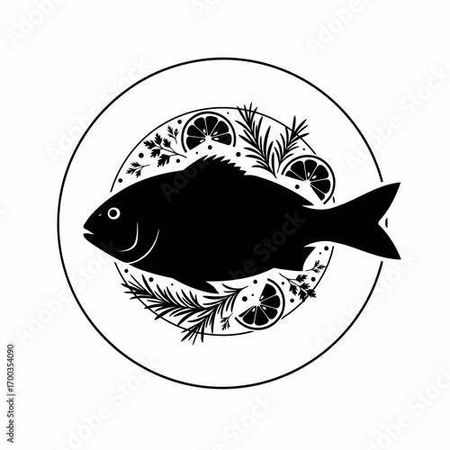 Black silhouette of a whole fish with lemon slices and herbs on a plate isolated on white background silhouette