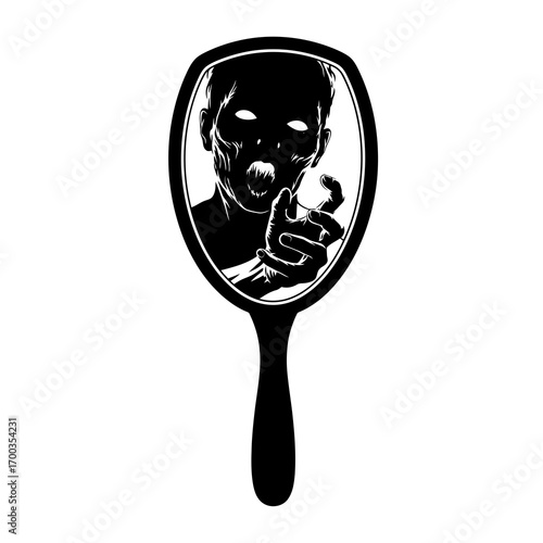 Scary zombie face in hand mirror silhouette isolated on white background