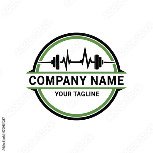 A fitness logo design featuring a barbell, heartbeat line, and circular frame, ready for branding.