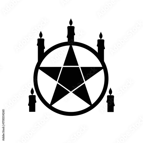 Pentagram with five candles silhouette isolated on white background