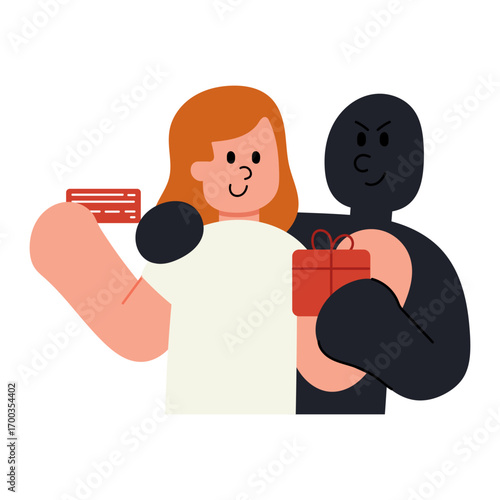 Vector illustration of lottery scam concept. A scammer in black character is tricking a woman by offering a fake lottery prize or gift. Online fraud, phishing, and cybercrime concept.