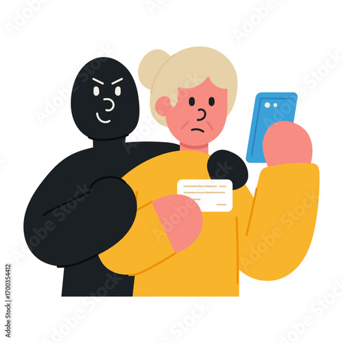 Vector illustration of impersonation scam concept. A scammer in black character is deceiving an elderly woman, stealing her personal information. Online fraud, identity theft, and cybercrime concept.