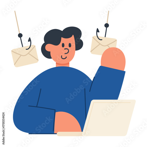 Vector illustration of phishing scam concept. A person using a laptop is surrounded by phishing emails represented with envelopes on fishing hooks. Cybercrime, email fraud, and online security threat 