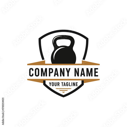 A bold black kettlebell icon centered within a shield logo design, featuring banner text placeholders for company name and tagline.