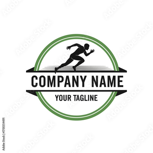 Silhouette of a runner in motion, centered within a green circular frame and a horizontal banner for company name and tagline.