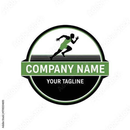 Running silhouette logo design for a company, featuring a sprinter in a green uniform.