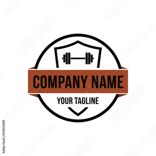 A vintage-style fitness logo featuring a dumbbell inside a shield emblem with a brown banner for company name and tagline.