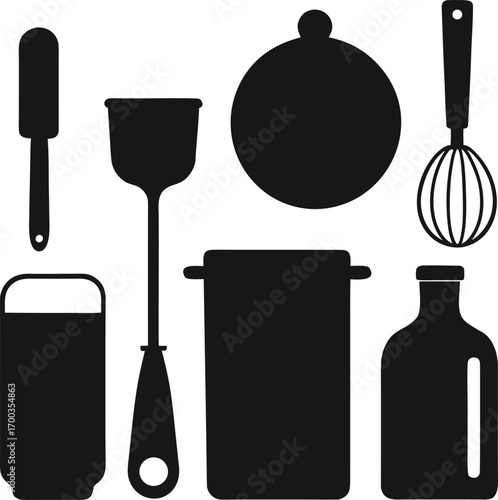 Collection of kitchen utensil silhouettes including a whisk spatula pot and bottle isolated on white background
