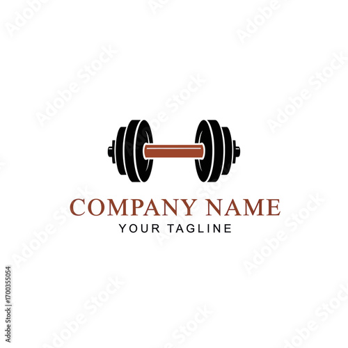 A stylized dumbbell logo with black weights and a brown handle, centered above placeholder company name and tagline text.
