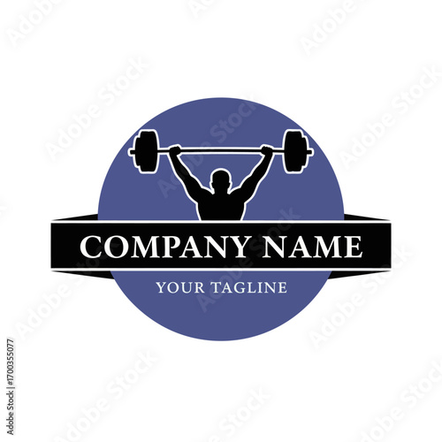 Silhouette of a weightlifter raising a barbell overhead, set against a blue circle and a black banner for company name and tagline.