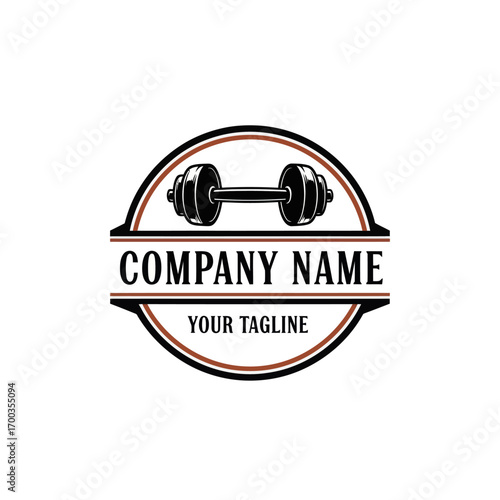 A stylized logo featuring a dumbbell centered within a circular frame with space for a company name and tagline.