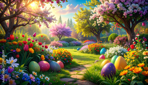 A magical, enchanted forest filled with colorful Easter eggs and spring blossoms, a fantasy scene from Switzerland.