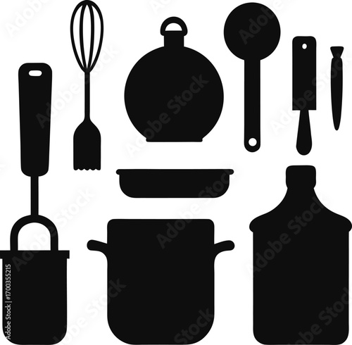 Collection of kitchen utensil silhouettes isolated on white background