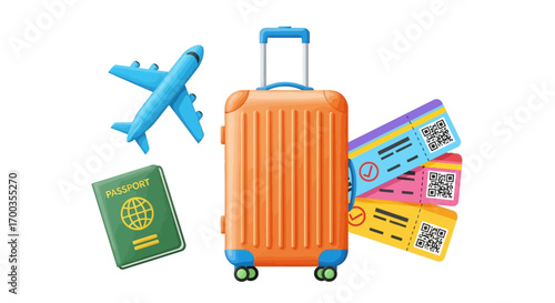 Ready for adventure: vibrant suitcase, passport, boarding passes, and airplane for travel.