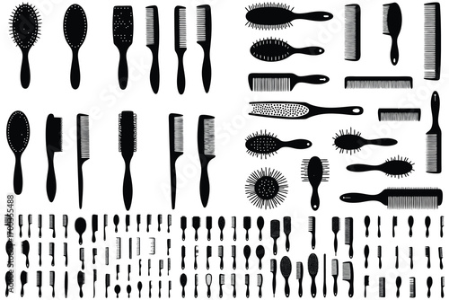 Diverse Group of Black Silhouettes of Hair Combs and Brushes Keywords: comb, hairbrush