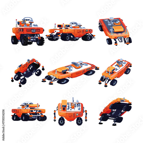 Pixel art Mars rover sprite sheet. Sci-fi robotic vehicle for space exploration in different angles. Isometric futuristic transport game asset.