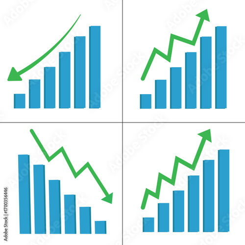 Business bar chart with upward and downward trends, financial growth and decline graph illustration