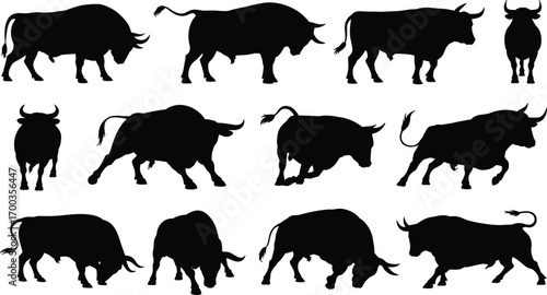 Bull silhouettes in various aggressive and standing poses, strong animal figures, fighting bulls, livestock, powerful wild animals, vector bull art