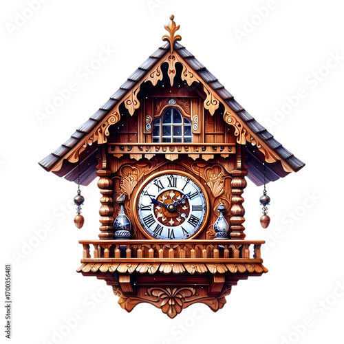 Old, vintage wooden clock with a pendulum and golden hands isolated on a white background