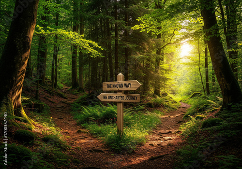 Sunlight streams through a lush forest, illuminating a wooden signpost with two diverging paths, symbolizing choice and adventure.