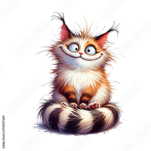 A small, furry animal with a nut on its head is sitting on a white background