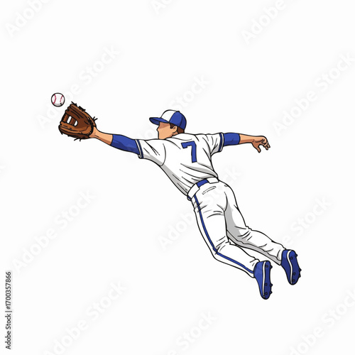 Dynamic Sports Vector Illustration of Baseball Player in Action in Modern Minimalist Style with Blue White Color Scheme for Sports Marketing