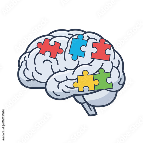 Conceptual vector illustration of a human brain with colorful jigsaw puzzle pieces symbolizing mental health, logic, and problem solving