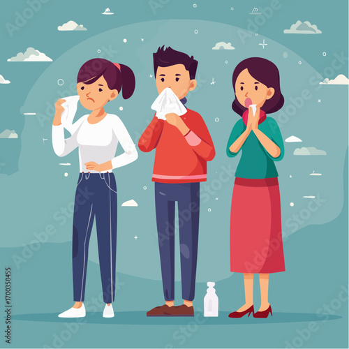 A trio of people suffering from colds, using tissues to blow their noses and feeling unwell