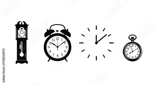 Vintage timekeeping collection four silhouette clocks from grandfather to pocket watch vector